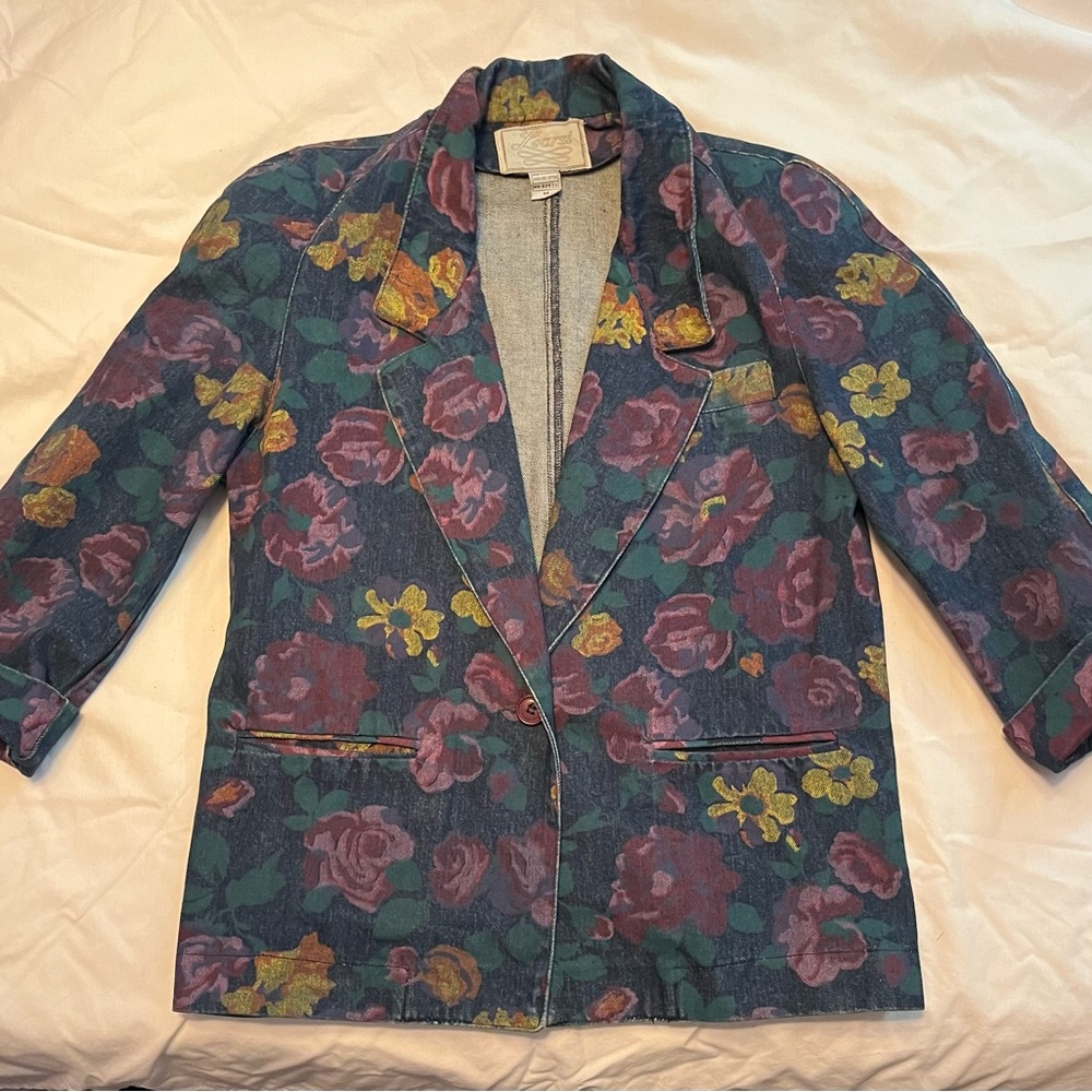 Floral, denim blazer, size Medium, 3/4 length sleeves